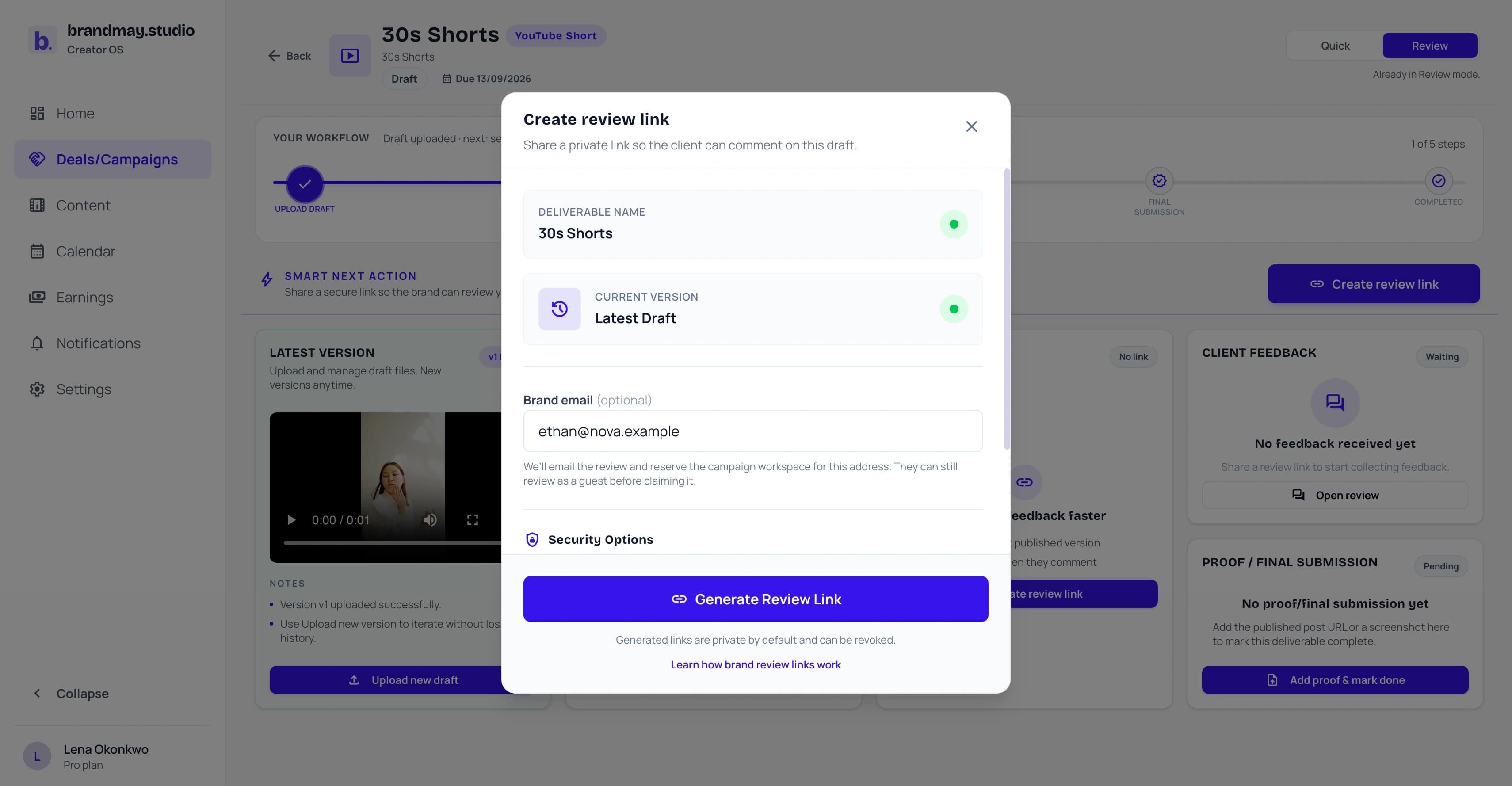 Creator modal for creating and sharing a brand review link.