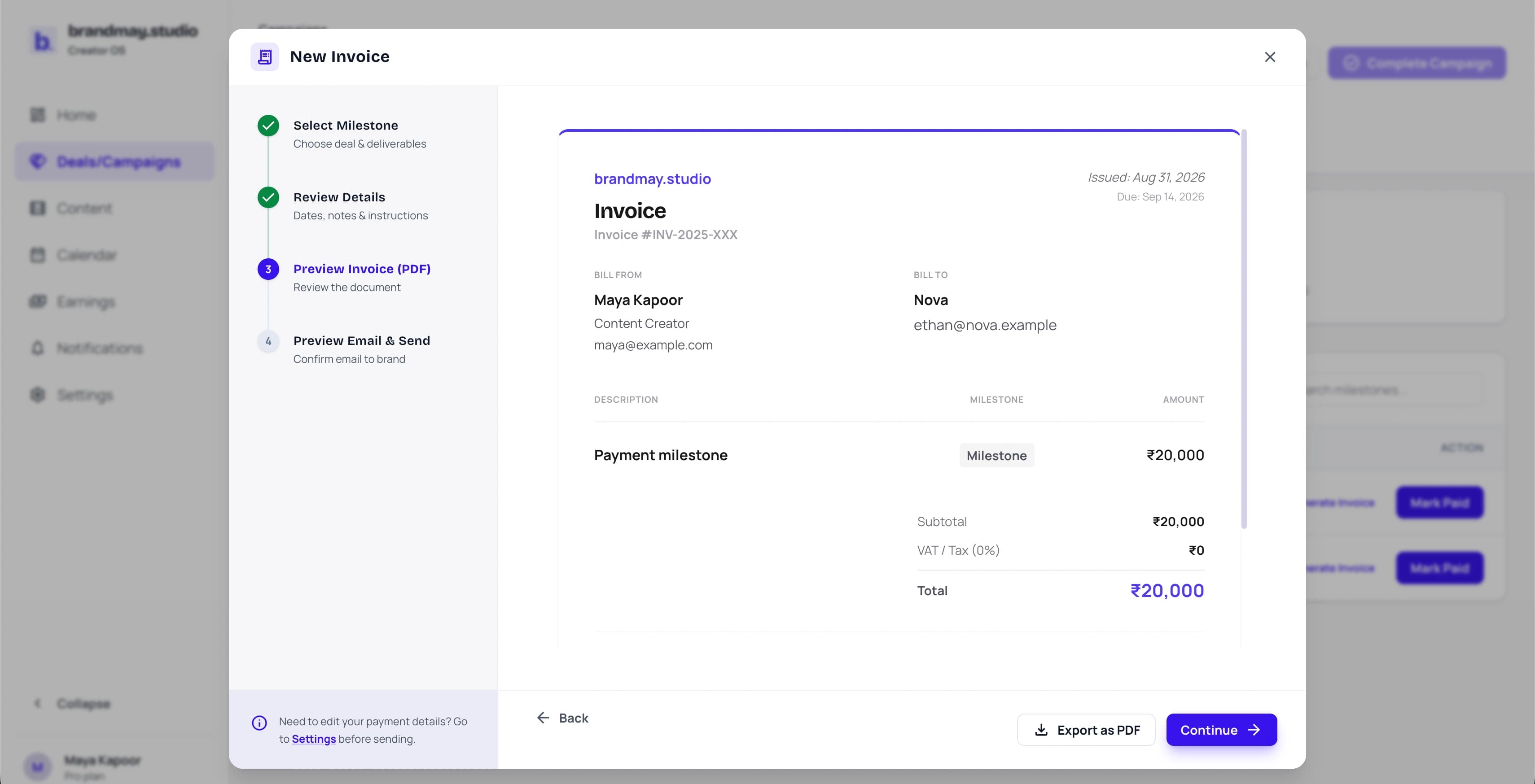 Creator invoice preview with campaign milestone and total.