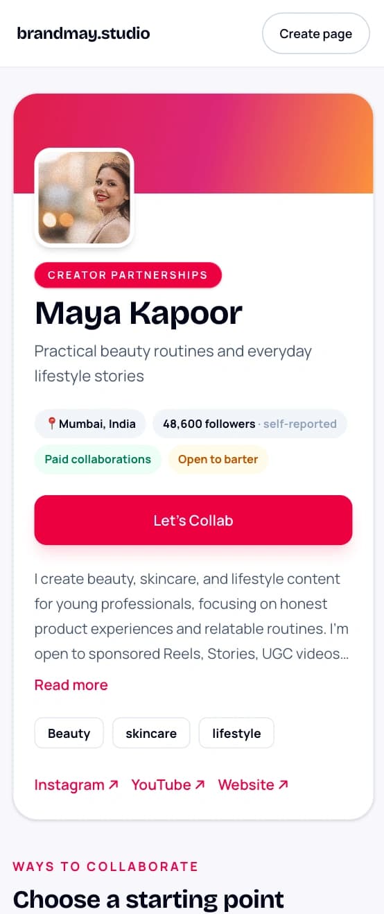 Classic, Editorial, and Media Kit layouts for the same public creator page. Classic template.