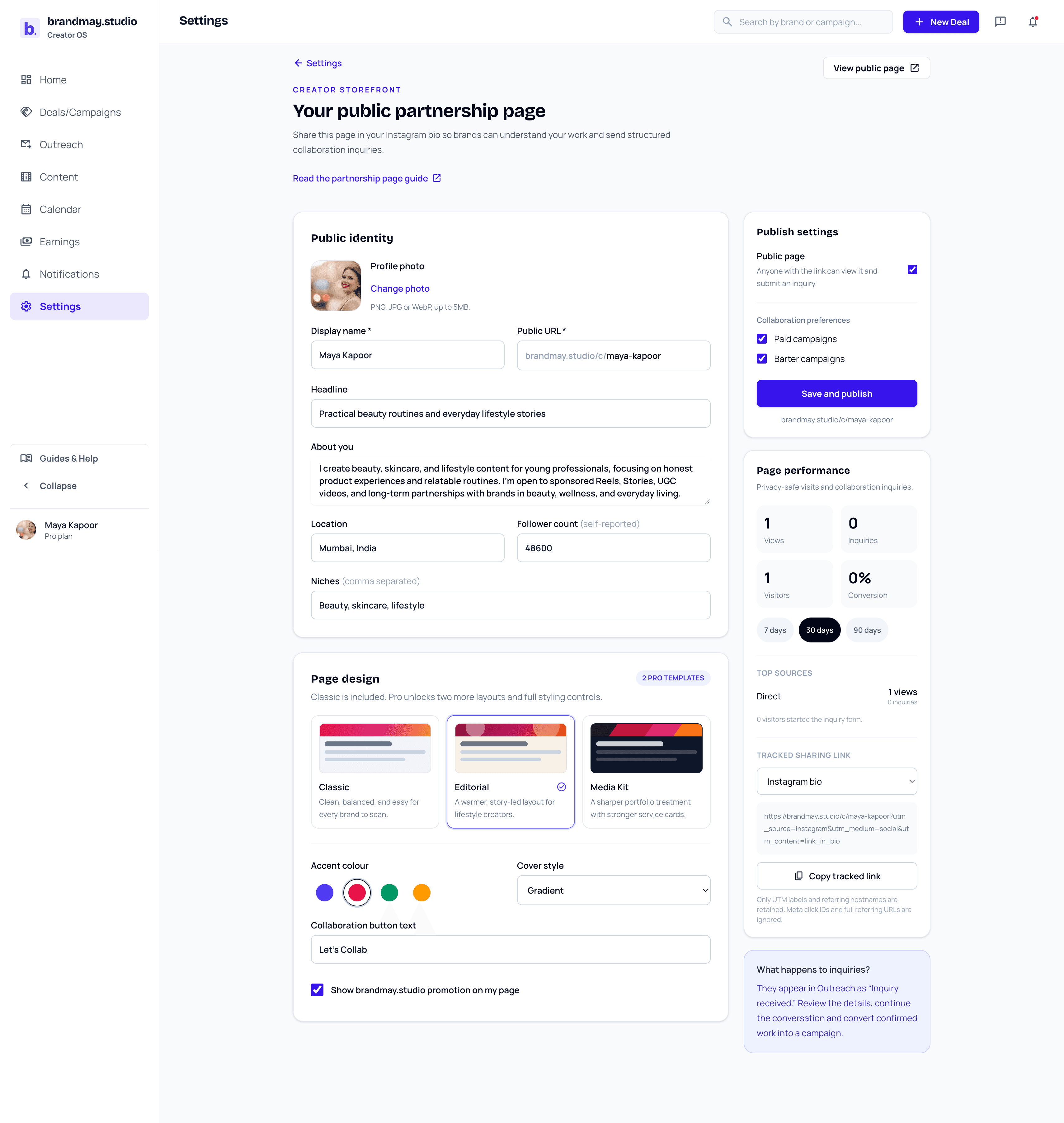 Creator editing identity, services, and publishing settings for a public creator page.