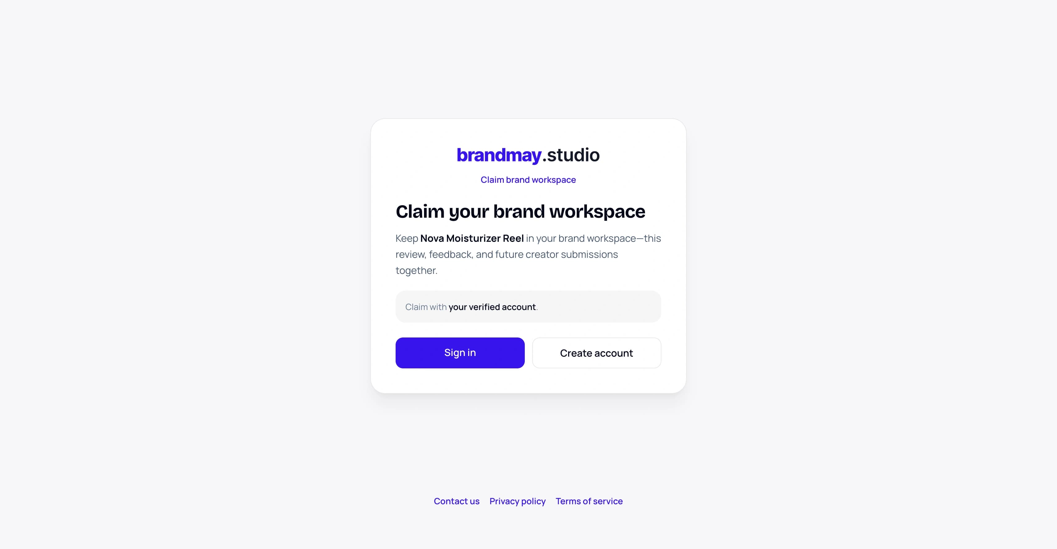 Brand workspace claim screen with sign-in and account creation options.