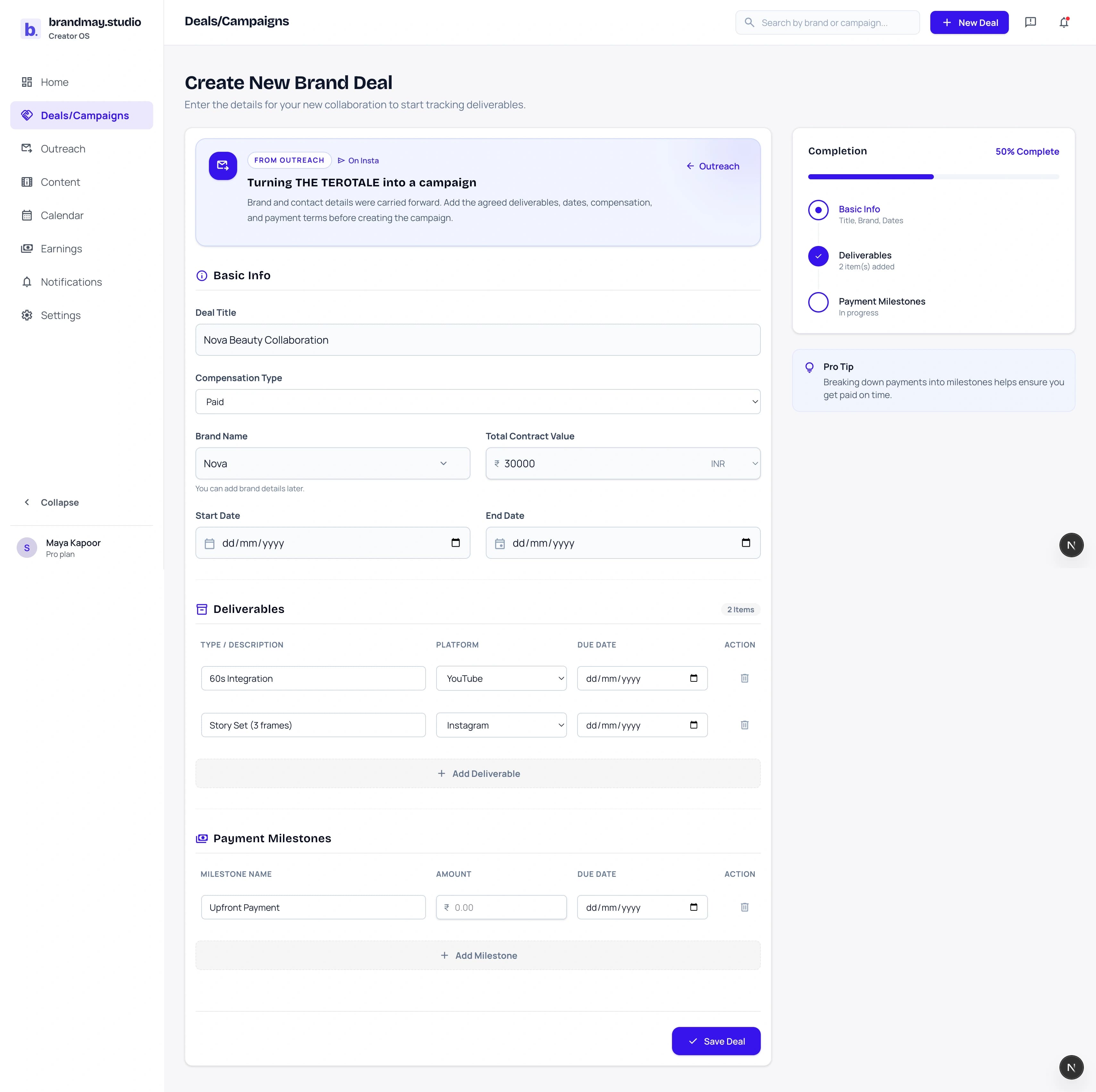Creator converting a won brand outreach opportunity into a prefilled campaign.