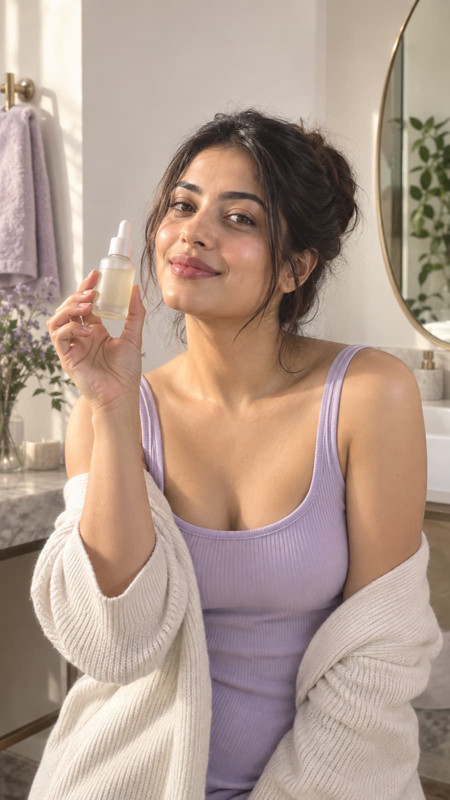 Fictional beauty creator holding an unbranded skincare product
