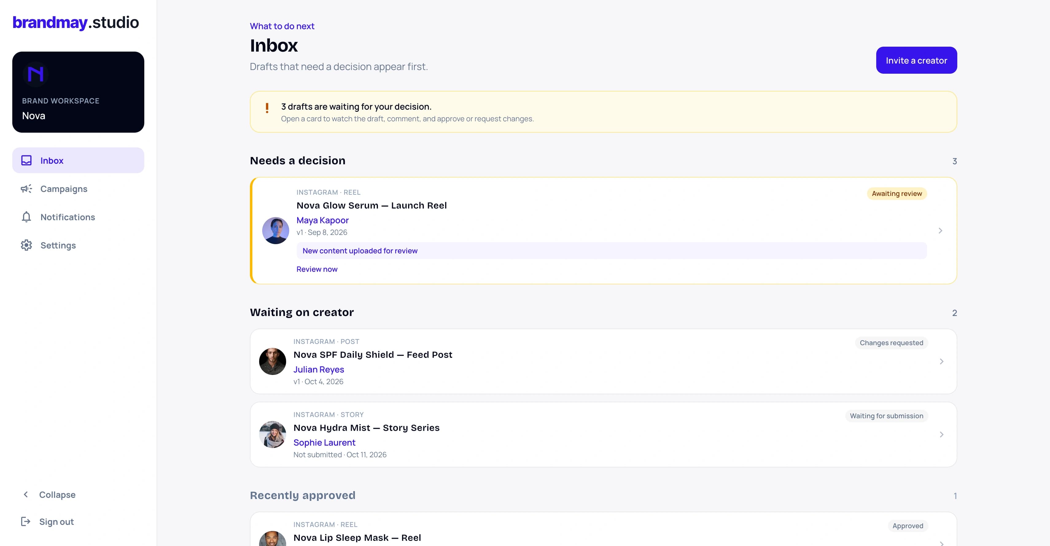 Brand review inbox showing a creator submission that needs attention.