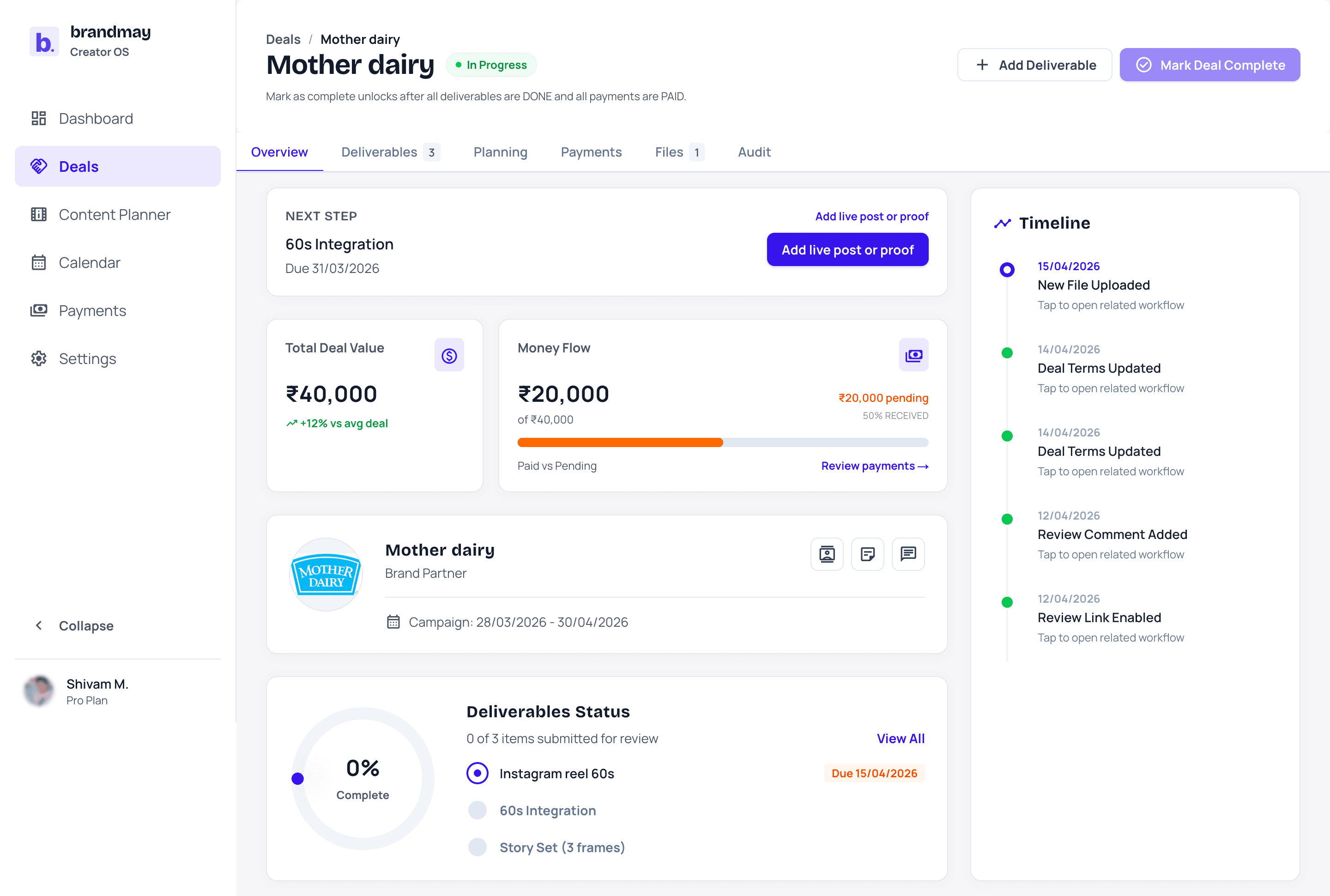 brandmay.studio dashboard showing active deals, deliverables, and payments